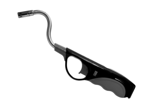 Black gas lighter with curved nozzle isolated on transparent background