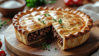 A delicious, freshly baked savory meat pie with a golden flaky crust, revealing a rich beef filling, perfect for a comforting meal