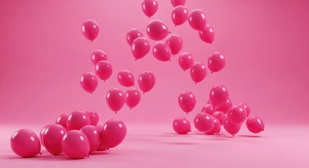 Many pink heartshaped balloons floating and falling on a solid pink background