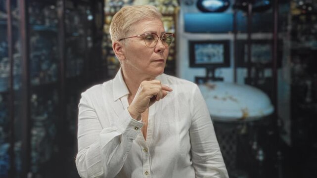 Woman with short blond hair and red rim glasses holding finger to lips for silence in studio wearing white shirt and looking at camera; quiet silence hush.