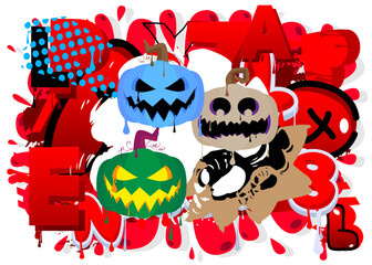 Halloween pumpkin, Jack O' Lantern graffiti. Abstract modern street art decoration performed in urban painting style.