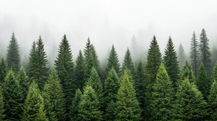 Obraz premium Lush green trees shrouded in fog create serene and tranquil atmosphere