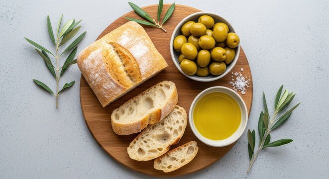 Freshly baked bread with olives and olive oil on a wooden board, a simple yet elegant mediterranean appetizer - Powered by Adobe