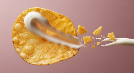 A single potato chip being dipped into a creamy white dip, with crumbs breaking off