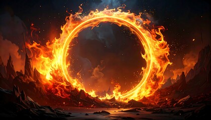 A vibrant, fantastical depiction of a fiery, glowing ring portal centered in a desolate, mountainous landscape. The scene is dramatic with swirling clouds