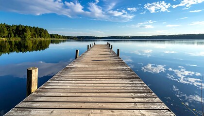 Fototapeta premium A wooden pier extends into calm, reflective lake waters. A clear blue sky mirrors in the water, creating a peaceful scene. Green trees line the far shore