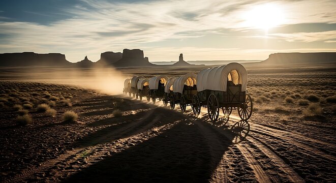 Covered Wagon Train Journeying Through Arid Desert Landscape at Sunset.