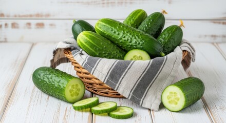 Fresh cucumbers in a basket on a white wooden table, some sliced, healthy food concept