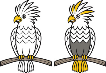 Naklejka premium Colorful Cockatoo Bird Illustration. Exotic Cacatuidae Parrot Artwork. Tropical Cockatoo Bird Design. Beautiful Parrot with Crest Feathers. Wild Cockatoo Bird Drawing. Elegant Cacatuidae Bird