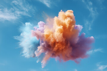 Explosion of multicolor powder dust against a blue sky, Holi festival colors