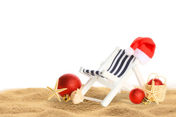 Beach chair with Santa hat by holiday decor, isolated, PNG
