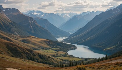 Close up Scenic mountain valley with a lake