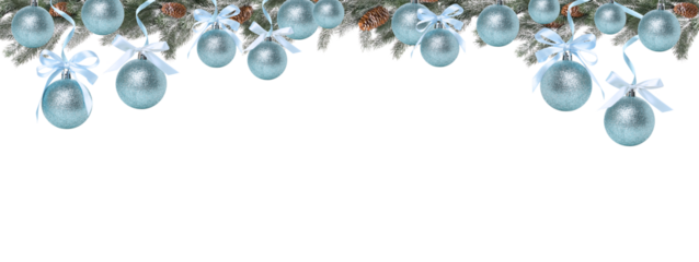 Blue ornaments dangle from evergreen bows, isolated, PNG