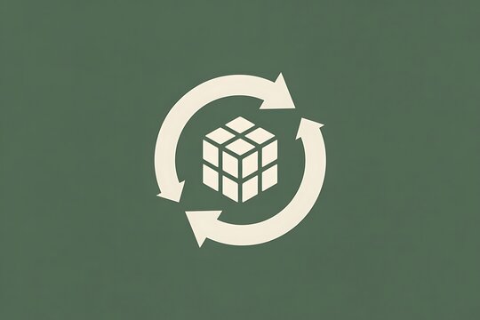 White cube puzzle icon with circular arrows on green background recycling