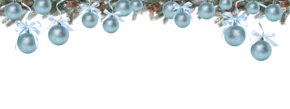 Blue ornaments dangle from evergreen bows, isolated, PNG