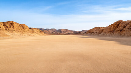 Vast desert landscape with gentle curves and long shadows under clear blue sky
