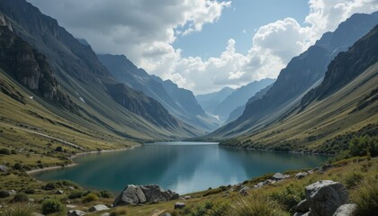 Close up Scenic mountain valley with a lake