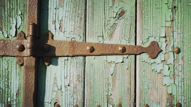 Close-up of weathered, painted wooden surface with a rusty, decorative hinge