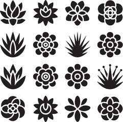 Collection of sixteen black floral and plant icons