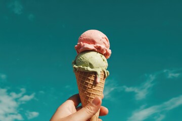 A hand holds a double scoop ice cream cone against a vibrant blue sky with soft clouds