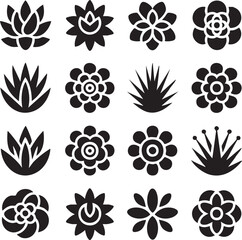 Collection of sixteen black stylized flower and plant icons