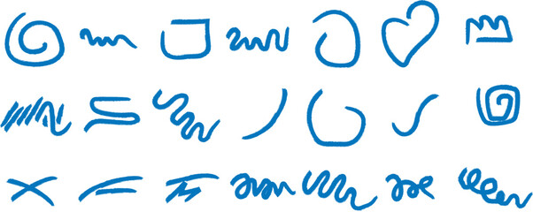 Blue Hand Drawn Doodle Sketch Set of Shapes and Design Elements