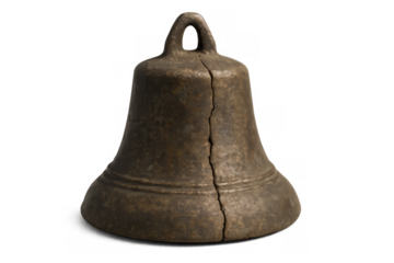 Old brass bell with vertical crack, historic damaged antique object, vintage bronze artifact, transparent background
