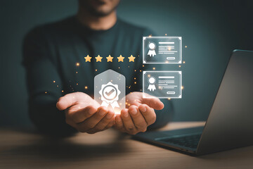 Customer satisfaction and quality award with five stars and digital icons