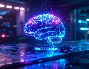 A glowing holographic brain rotating above digital surface, representing artificial intelligence and deep learning, futuristic laboratory environment
