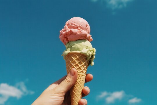 A hand holds a double scoop ice cream cone with a bright blue sky and clouds in the background - Powered by Adobe