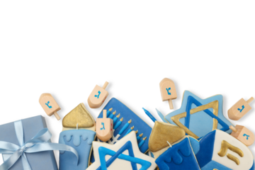 Festive Hanukkah cookies shaped like dreidels and stars, isolated, PNG
