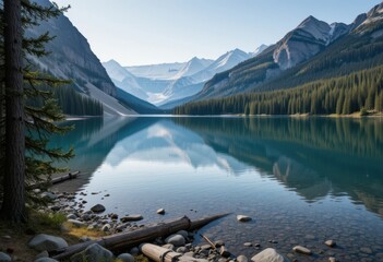 Close up Serene mountain lake surrounded by pines