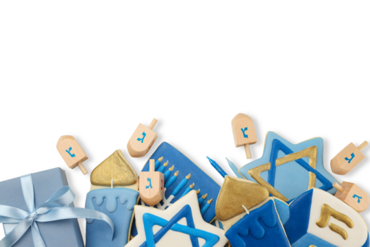 Festive Hanukkah cookies shaped like dreidels and stars, isolated, PNG
