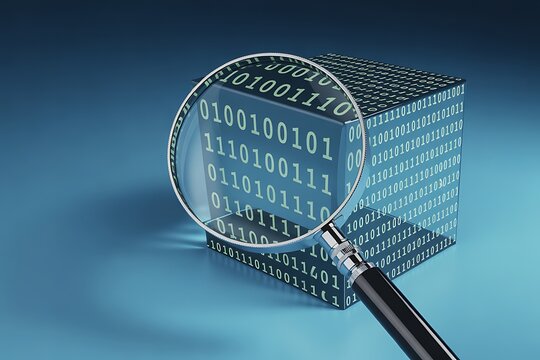 Magnifying Glass Examining a Cube Covered in Binary Code on a Blue Background lens data