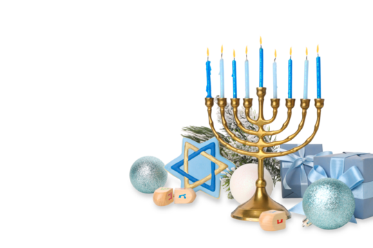 Menorah with blue candles and festive decor, isolated, PNG
