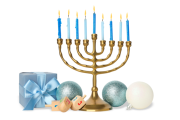 Menorah with blue candles and dreidels, isolated, PNG