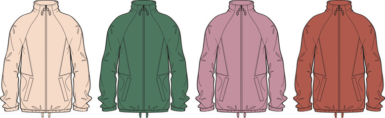 Vector flat fashion sketch of a unisex windbreaker jacket. Technical drawing of an anorak in multiple color variations, ideal for design and apparel production templates © Arman