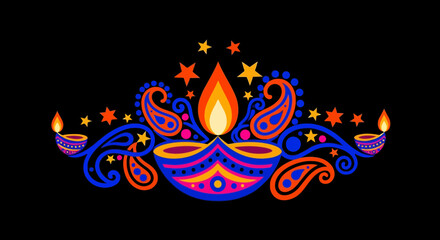 Vibrant Diwali Diya illustration featuring intricate paisley patterns decorative dots and glowing stars.