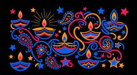 Obraz premium Vibrant graphic illustration of festive Diwali lamps paisley motifs and stars creating a joyful pattern.