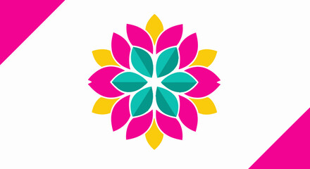 Fototapeta premium Vibrant layered floral mandala graphic with pink yellow and teal petals flat design.
