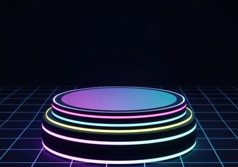 Retro neon stage with glowing lights and grid floor, cyberpunk presentation platform