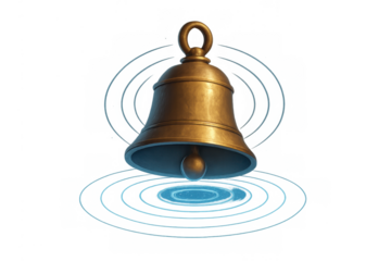 Golden bell ringing with digital sound waves sending notification alert on transparent background