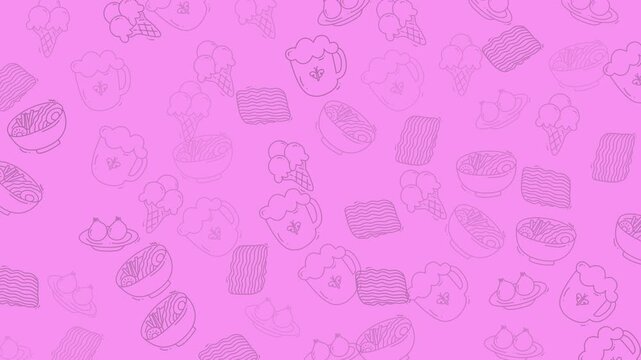 Playful food doodle pattern with hand-drawn icons of ice cream, noodles, drinks, and desserts on a pink background
