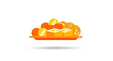 Fototapeta premium Vibrant Indian Sweets Assortment Ladoo Barfi Jalebi on Tray Flat Design Illustration.