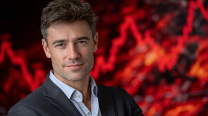 Attractive man with fire behind him, he seems confident and self assured. With burning passion for success and determined look on his face