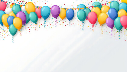 2d flat design of festive border with balloons, colorful flags and confetti, bright white background, illustration for party invitation or banner