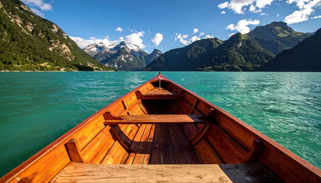 Boat Ride on Serene Lake Surrounded by Majestic Mountains.