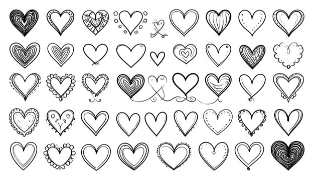 Collection of various black and white hand-drawn heart shapes and outlines - Powered by Adobe