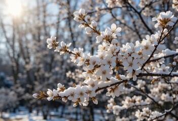 Close up Snowy blossoms on a sunny day