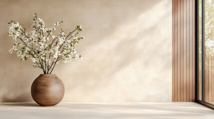 Elegant vase with flowers in minimalist interior, showcasing natural beauty and tranquility